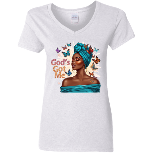 God's Got Me Ladies' 5.3 oz. V-Neck T-Shirt