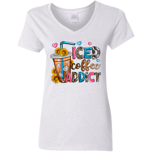 Ice Coffee Addict Ladies' 5.3 oz. V-Neck T-Shirt
