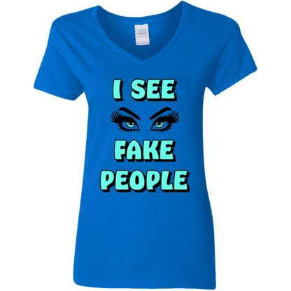 I See Fake People Ladies' 5.3 oz. V-Neck T-Shirt